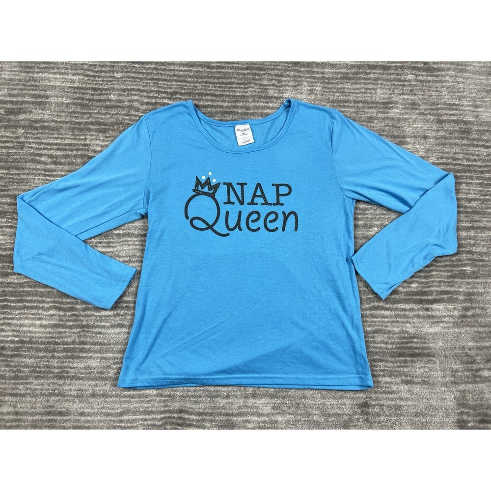 Mayfair Pajama‎ Top Women S Blue Nap Queen Long Slv Graphic Sleep Shirt Glitter